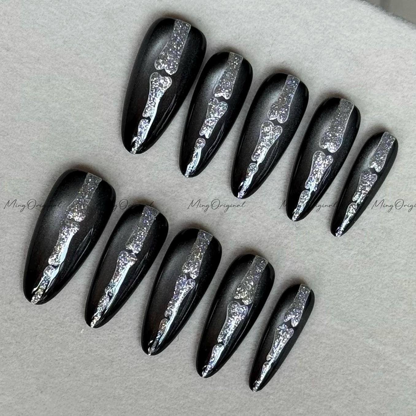 Halloween Shadow Spine Bone press on nails, black cat eye base, silver glitter bone design, spooky season sparkling Gothic nail art, MO615