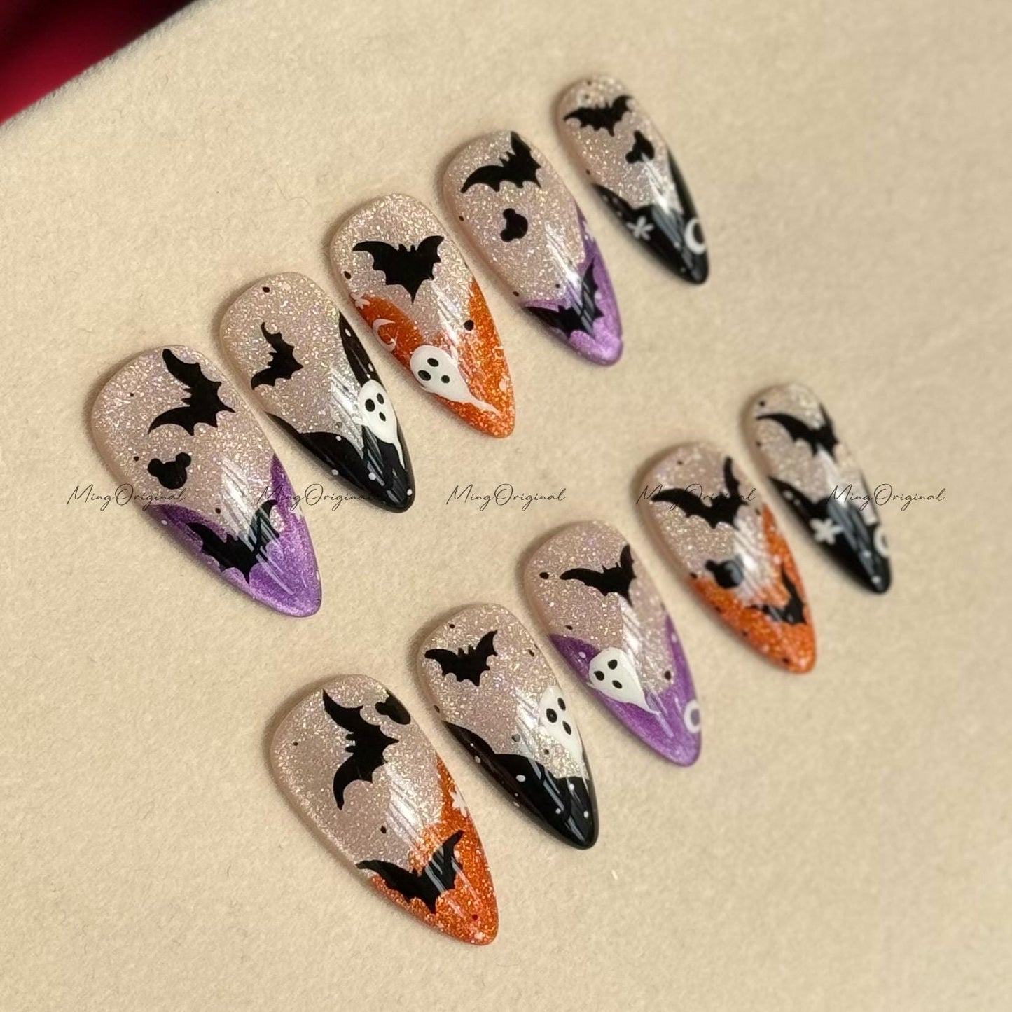 Pumpkin French Bat Halloween Spooky glowing press on nail, orange and purple glittery nude cat eye, horror nail,MO639