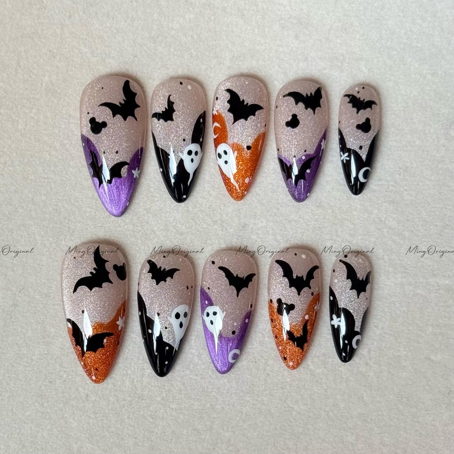 Pumpkin French Bat Halloween Spooky glowing press on nail, orange and purple glittery nude cat eye, horror nail,MO639
