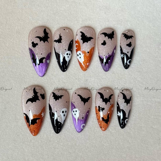 Pumpkin French Bat Halloween Spooky glowing press on nail, orange and purple glittery nude cat eye, horror nail,MO639