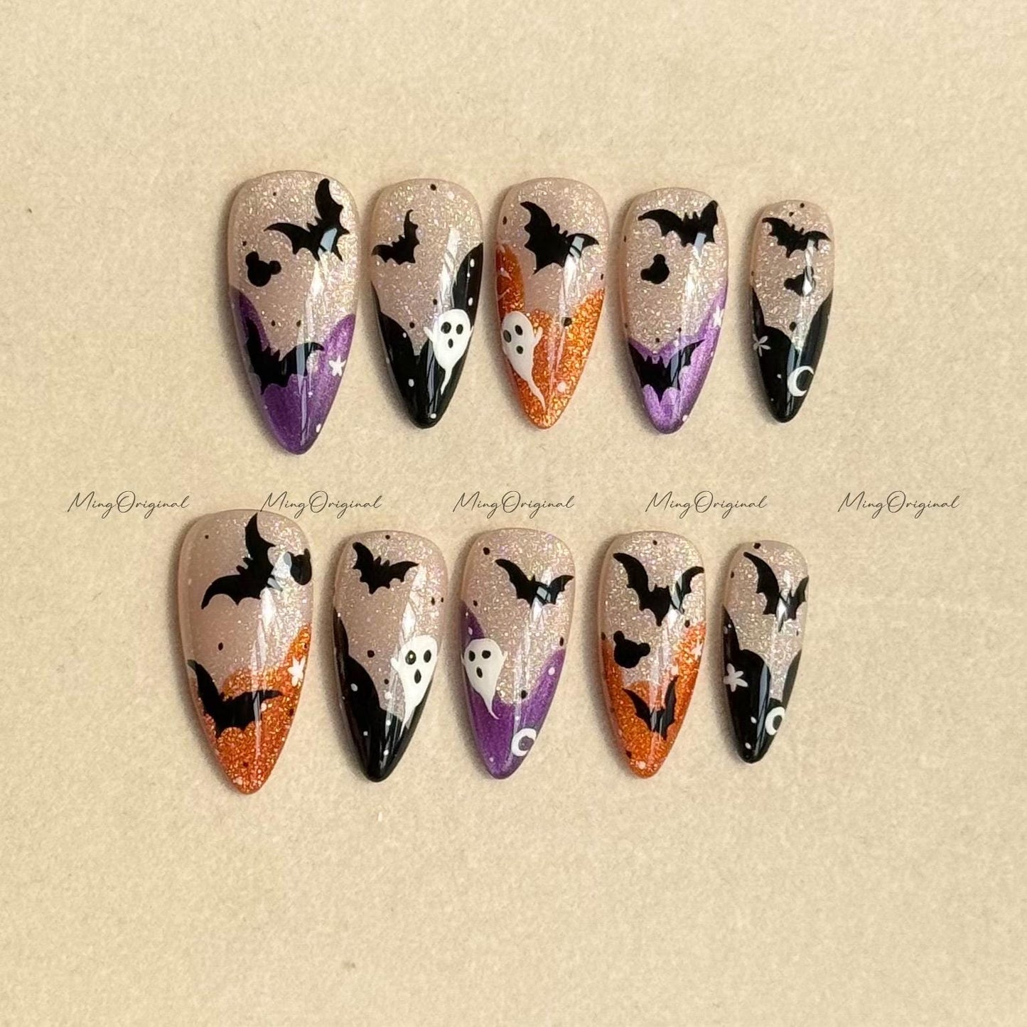 Pumpkin French Bat Halloween Spooky glowing press on nail, orange and purple glittery nude cat eye, horror nail,MO639