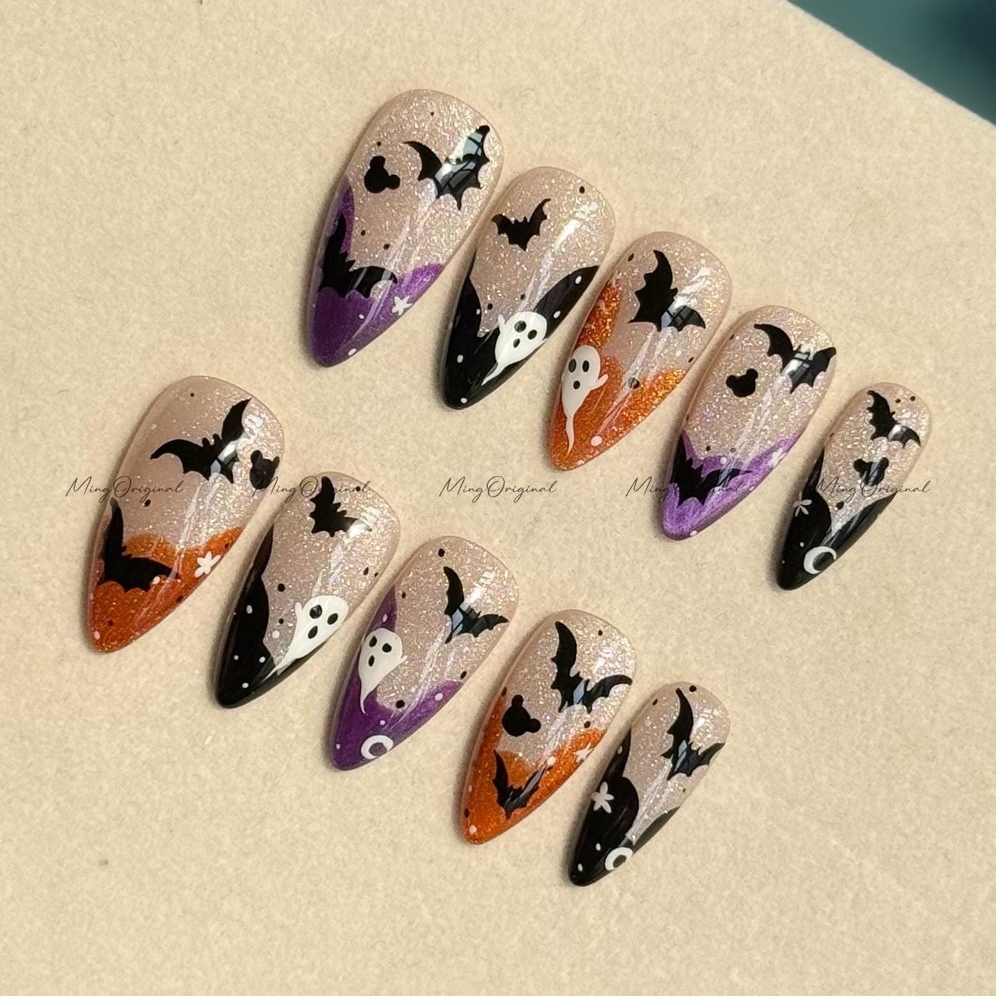 Pumpkin French Bat Halloween Spooky glowing press on nail, orange and purple glittery nude cat eye, horror nail,MO639