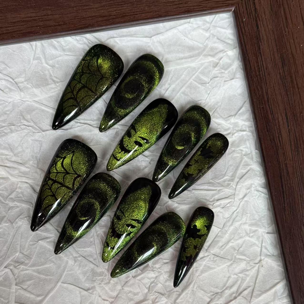 Halloween Spooky glowing press on nail, spider web, bat, oogie boogie glittery green cat eye, horror nail,MO640