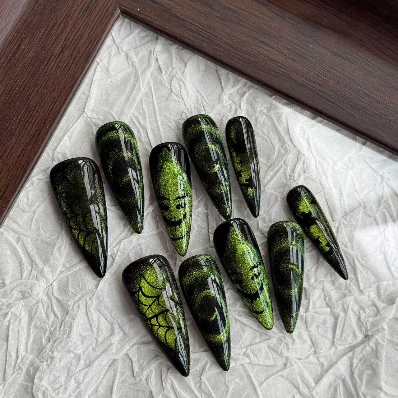 Halloween Spooky glowing press on nail, spider web, bat, oogie boogie glittery green cat eye, horror nail,MO640