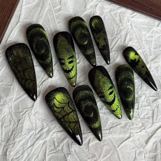 Halloween Spooky glowing press on nail, spider web, bat, oogie boogie glittery green cat eye, horror nail,MO640