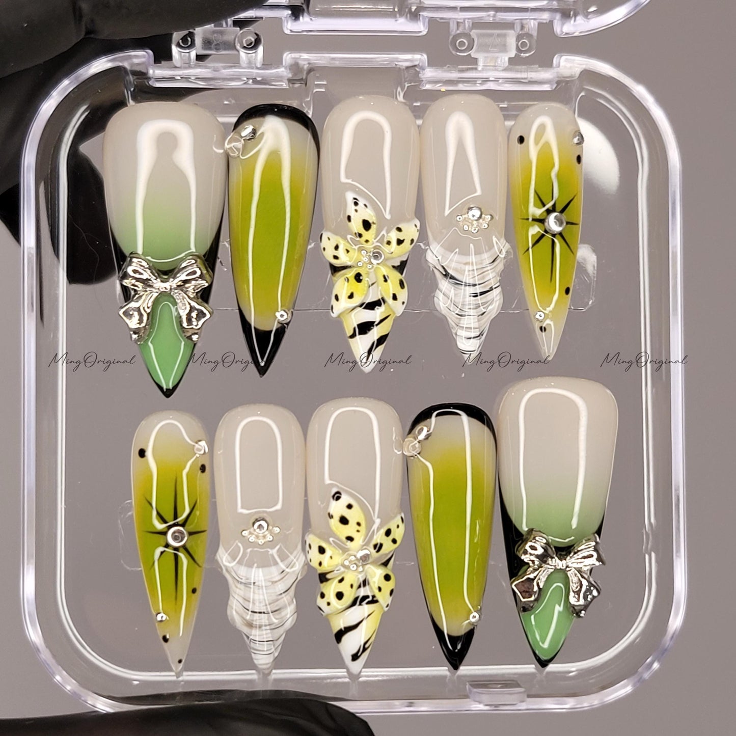 Venom Pop Green yellow ombre press on nails, silver bow charm, dotted 3D wild toxic flower, edgy Halloween nail design,MO616