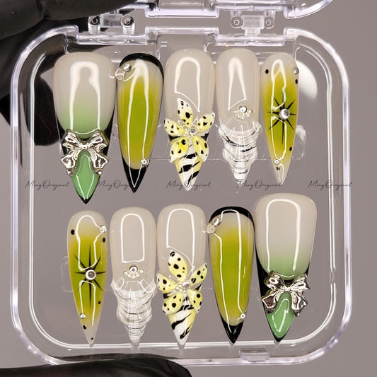 Venom Pop Green yellow ombre press on nails, silver bow charm, dotted 3D wild toxic flower, edgy Halloween nail design,MO616