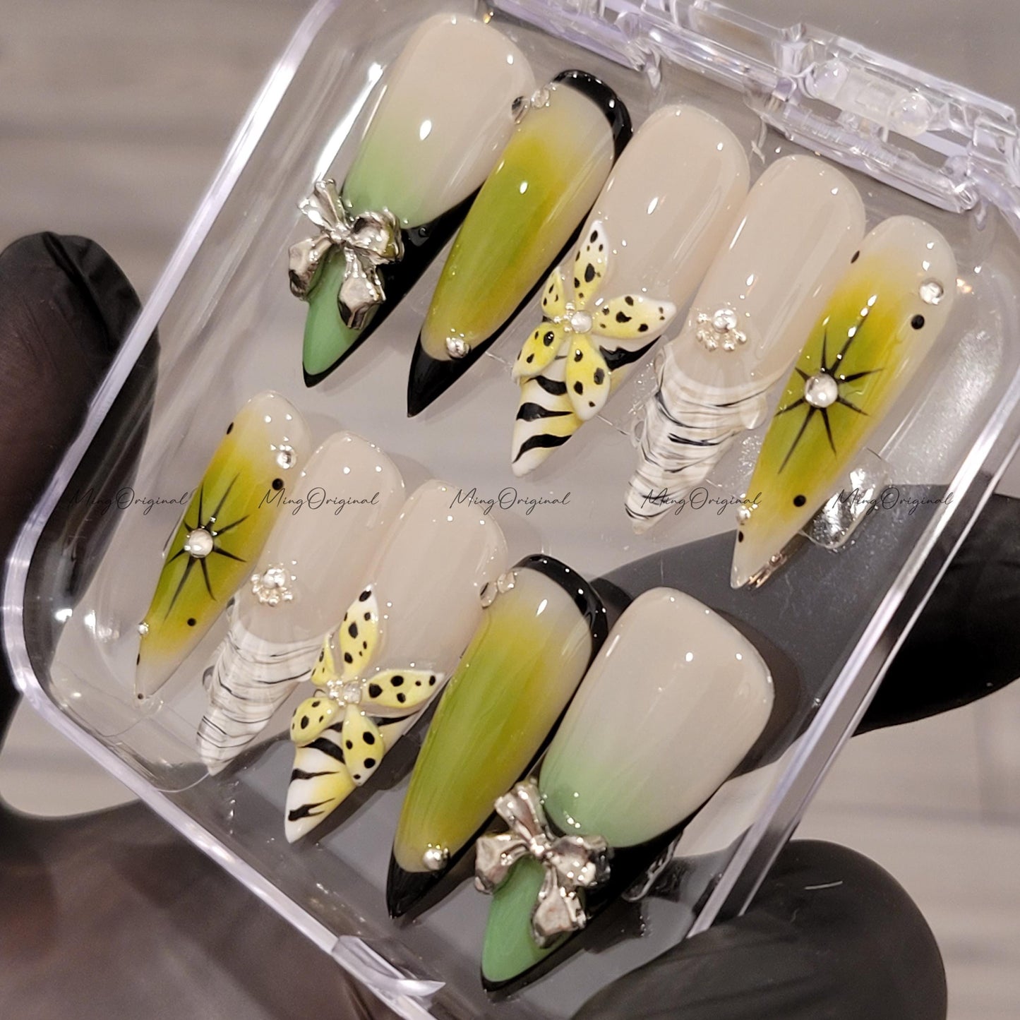 Venom Pop Green yellow ombre press on nails, silver bow charm, dotted 3D wild toxic flower, edgy Halloween nail design,MO616