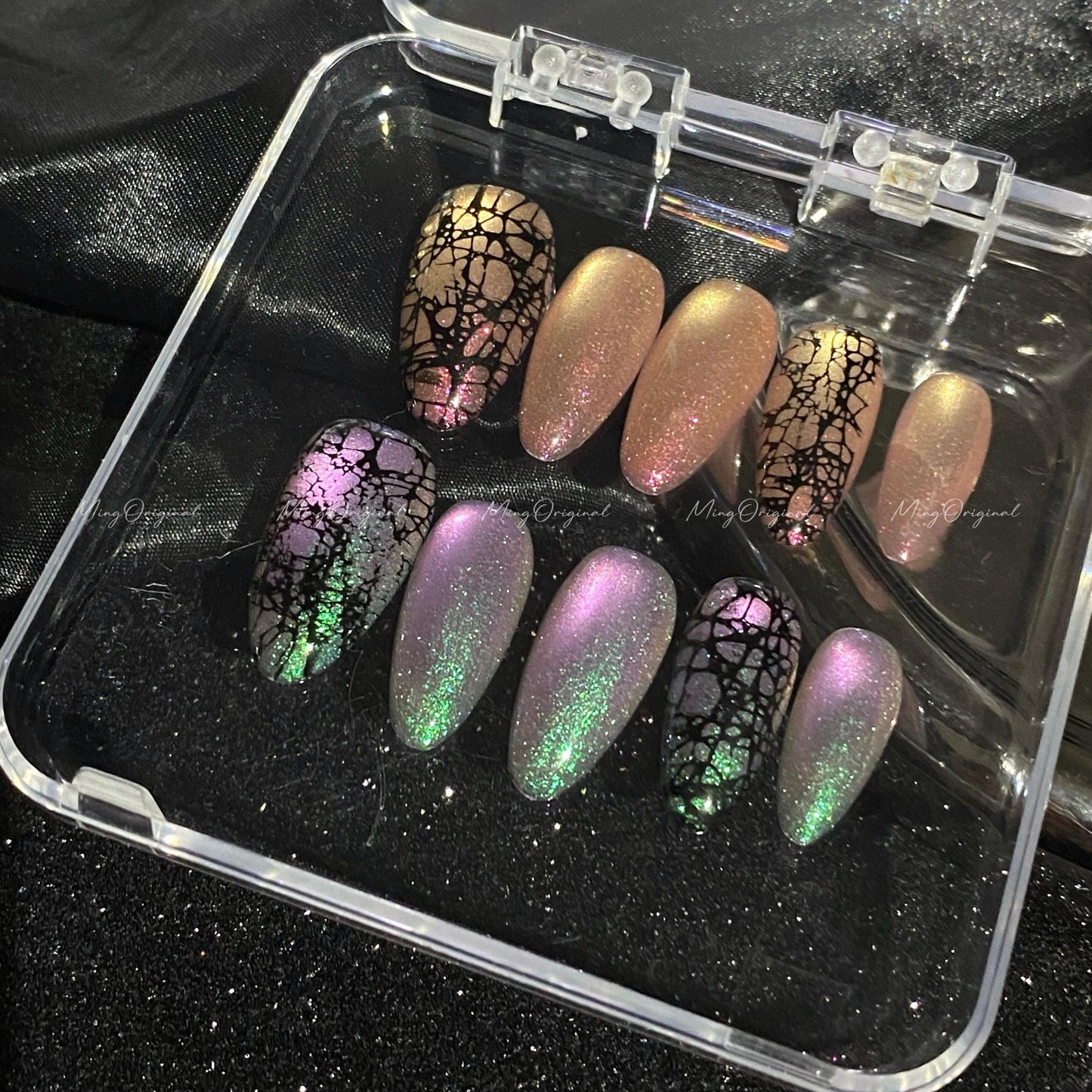 Witch Vein Halloween press on nails, black cracked design, multicolored shifting shimmer cat eye nail, purple orange aura,spooky nail, MO617