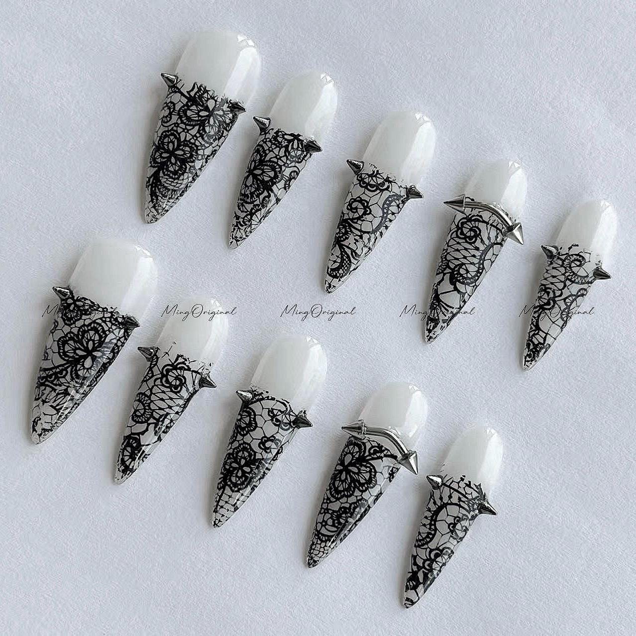Black lace flower press on nail, milky white wedding nail, glue on nail, reuse nail, fake nail, holiday trending nail, MO641
