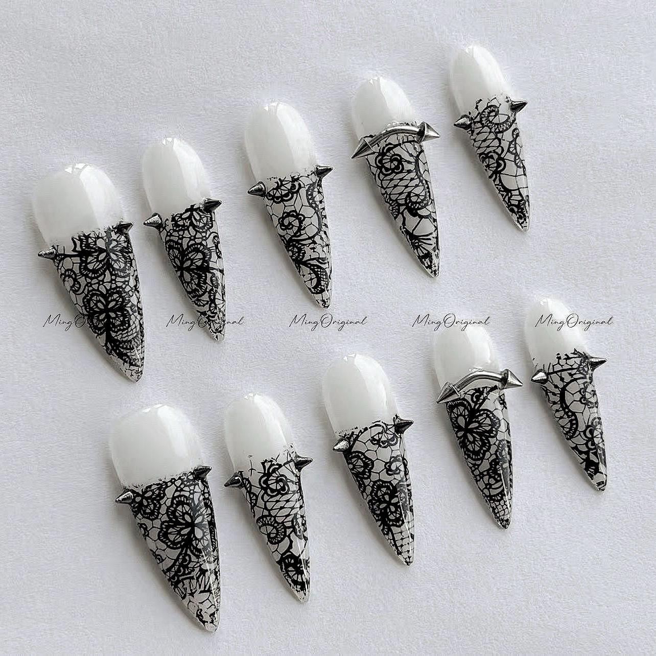 Black lace flower press on nail, milky white wedding nail, glue on nail, reuse nail, fake nail, holiday trending nail, MO641