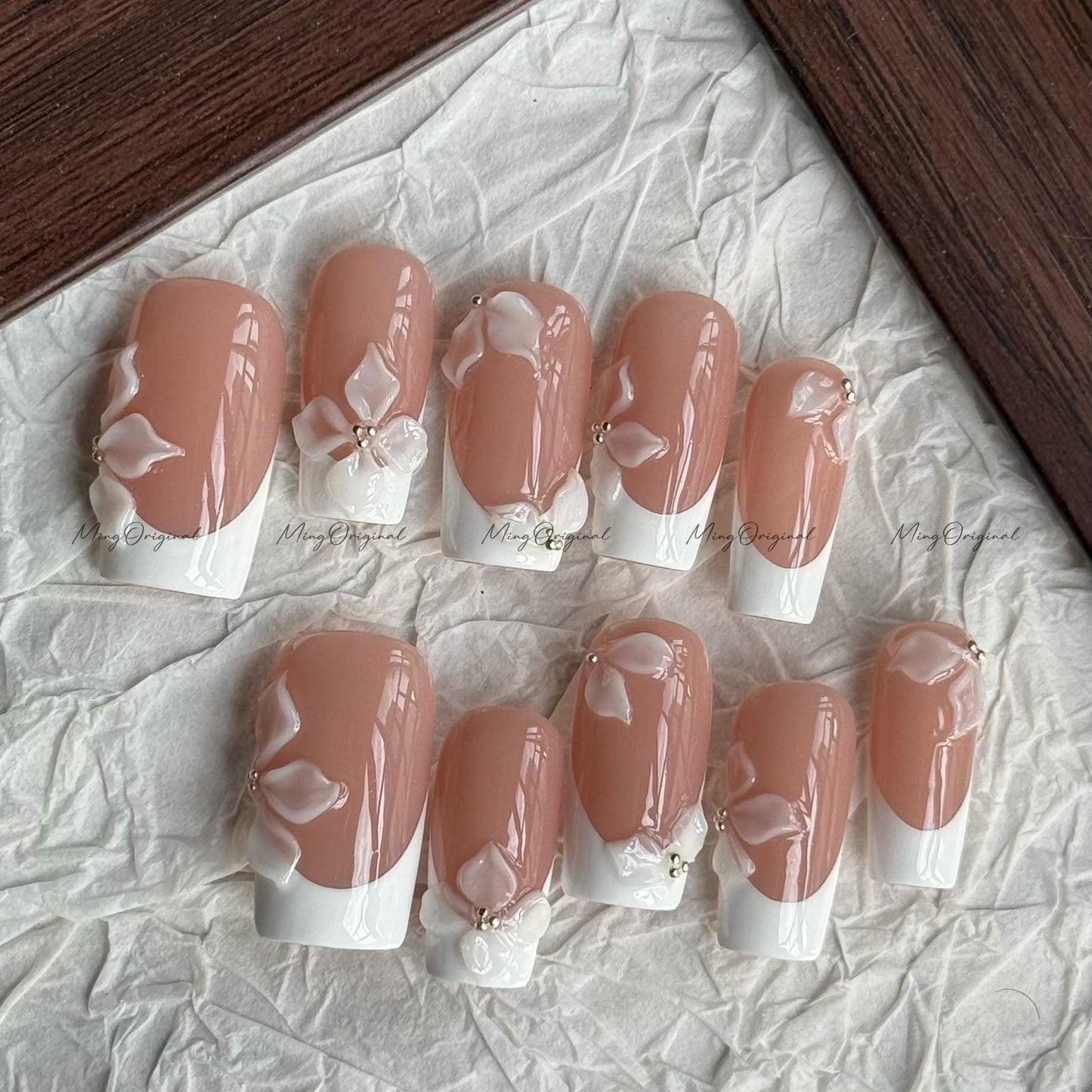 Bride Day Nude French press on nails, 3D white lace floral petals, elegant bridal style, Wedding nail for her, gift for wife, MO618