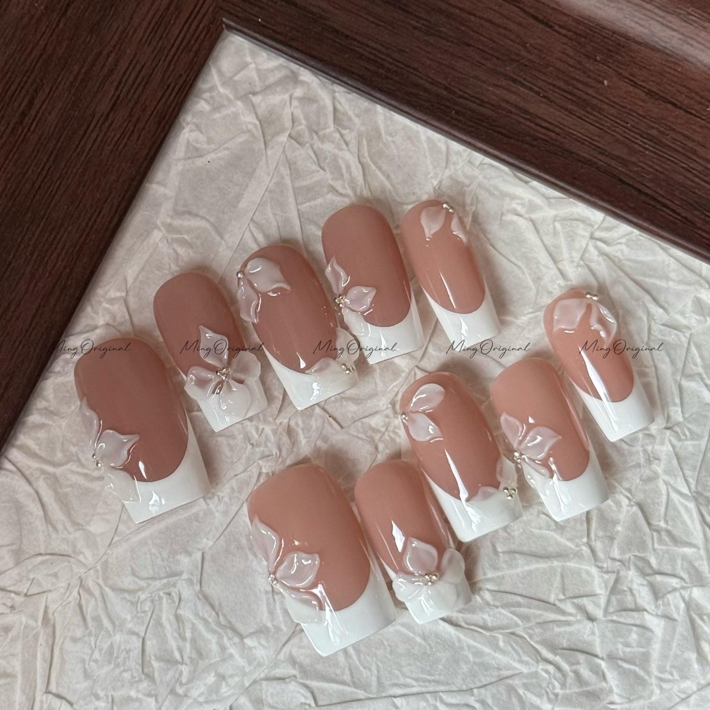 Bride Day Nude French press on nails, 3D white lace floral petals, elegant bridal style, Wedding nail for her, gift for wife, MO618