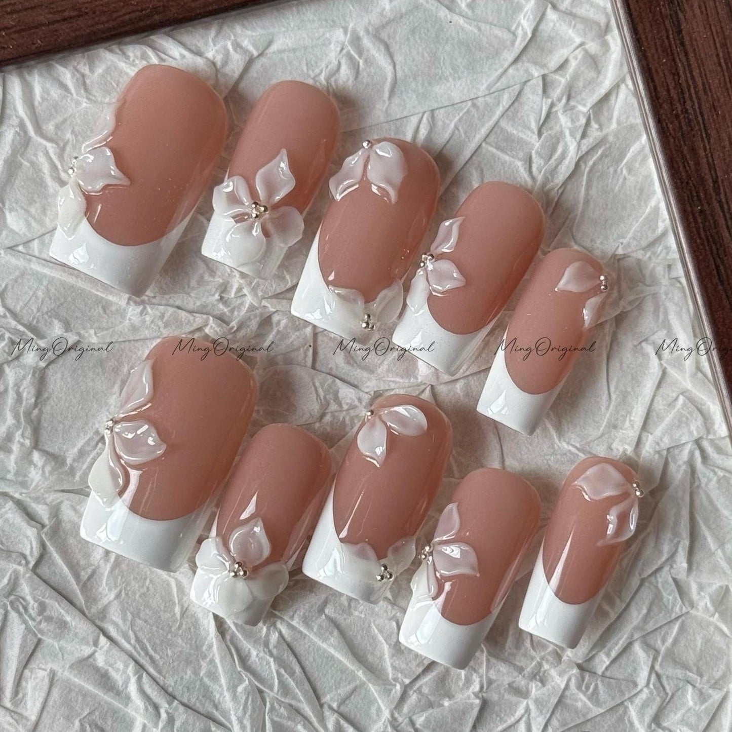 Bride Day Nude French press on nails, 3D white lace floral petals, elegant bridal style, Wedding nail for her, gift for wife, MO618