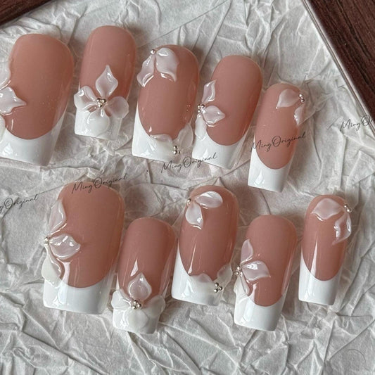 Bride Day Nude French press on nails, 3D white lace floral petals, elegant bridal style, Wedding nail for her, gift for wife, MO618