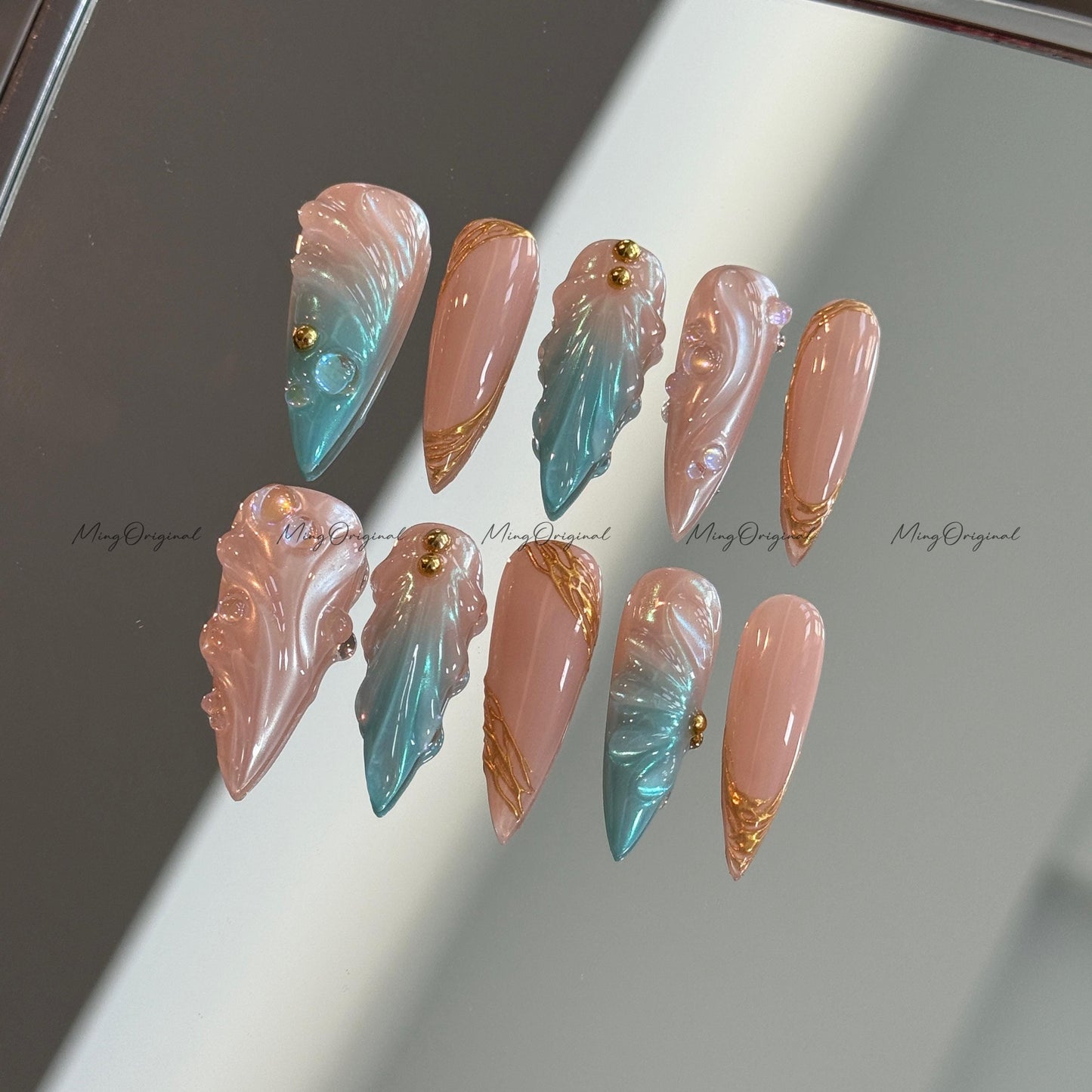 3D Y2K Pearlescent Aurora Blue Mermaid press on nails, Nude Chrome Nail, Aura pearl reusable nail, jelly fake nail, gift for her, MO643