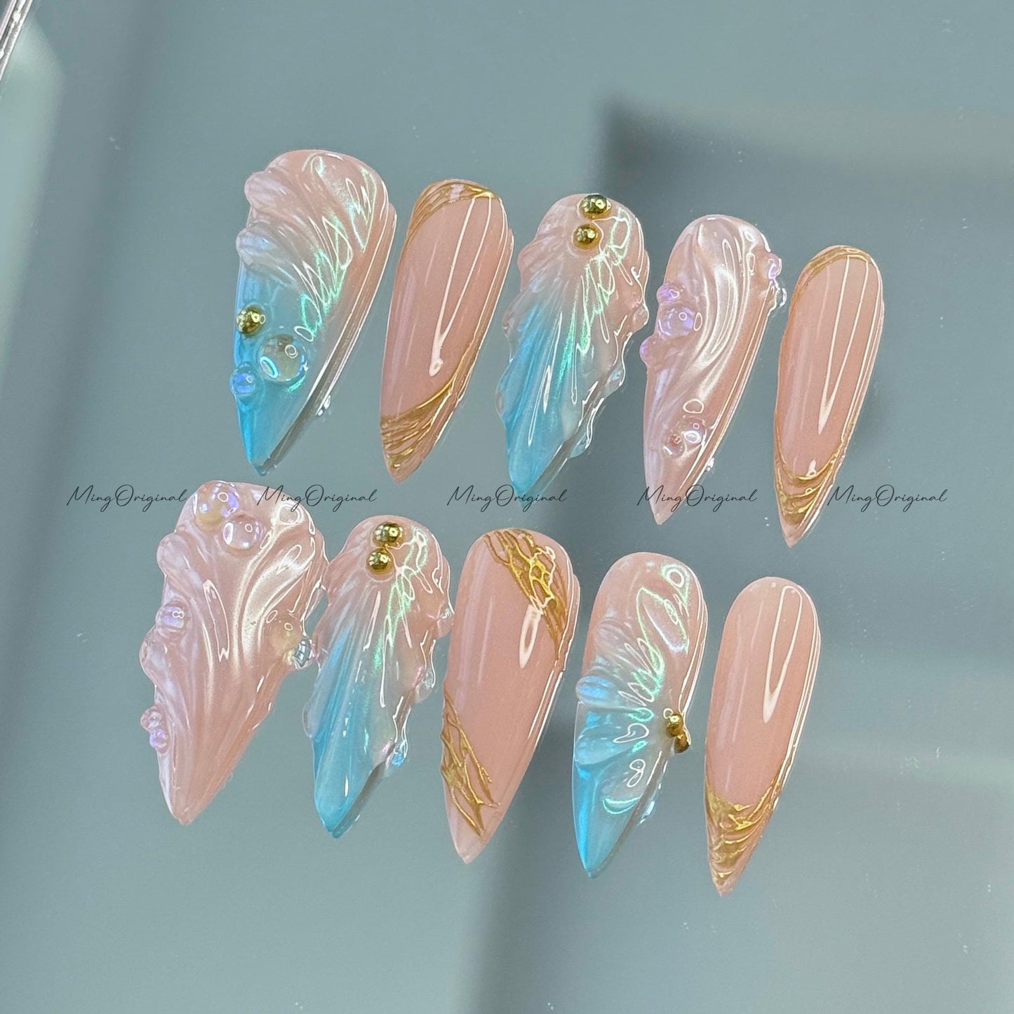 3D Y2K Pearlescent Aurora Blue Mermaid press on nails, Nude Chrome Nail, Aura pearl reusable nail, jelly fake nail, gift for her, MO643