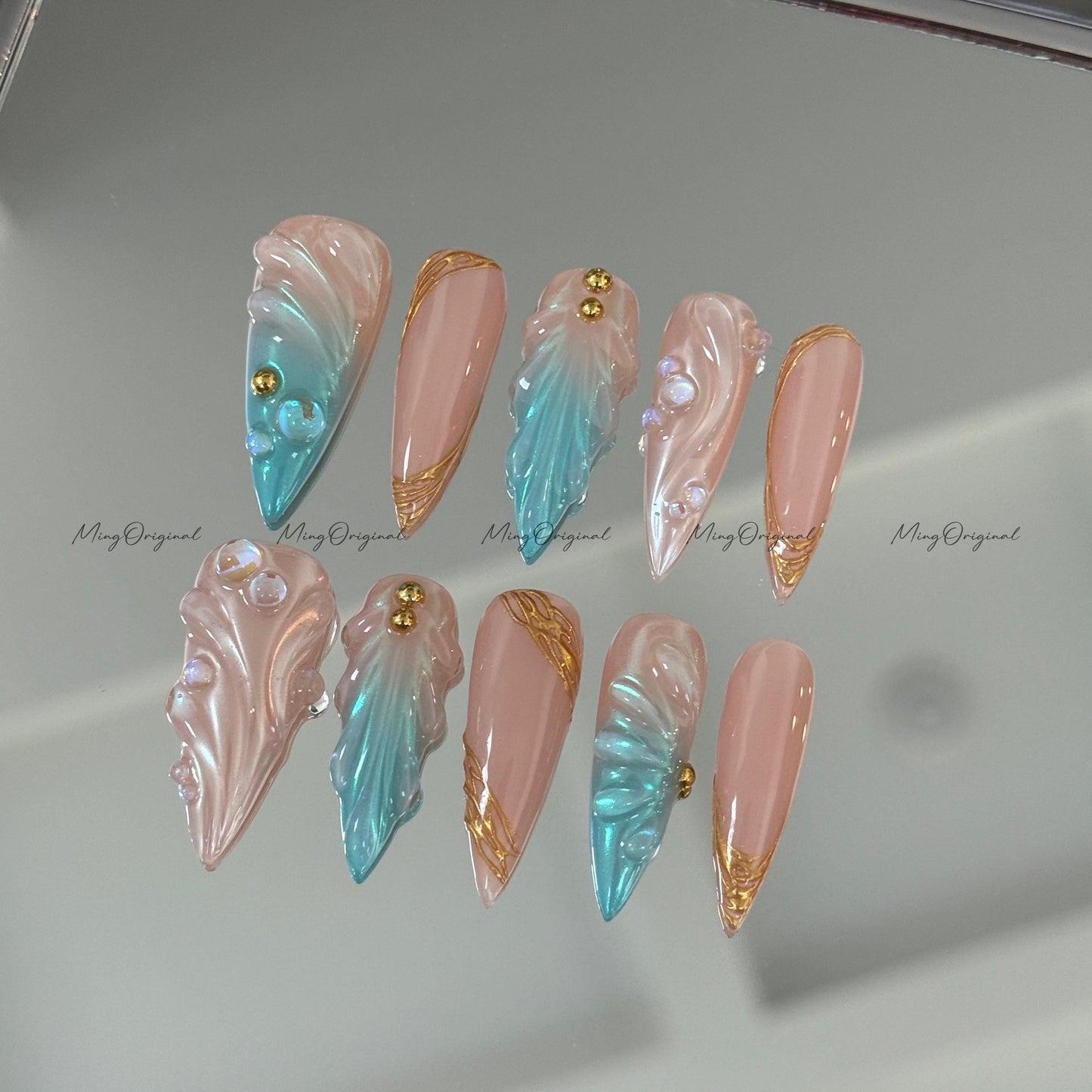 3D Y2K Pearlescent Aurora Blue Mermaid press on nails, Nude Chrome Nail, Aura pearl reusable nail, jelly fake nail, gift for her, MO643