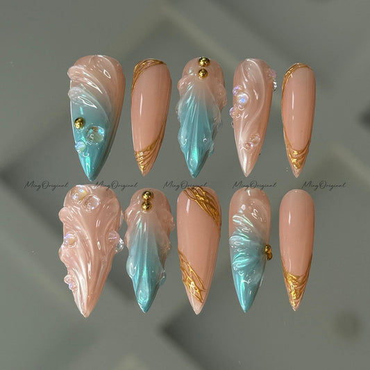 3D Y2K Pearlescent Aurora Blue Mermaid press on nails, Nude Chrome Nail, Aura pearl reusable nail, jelly fake nail, gift for her, MO643