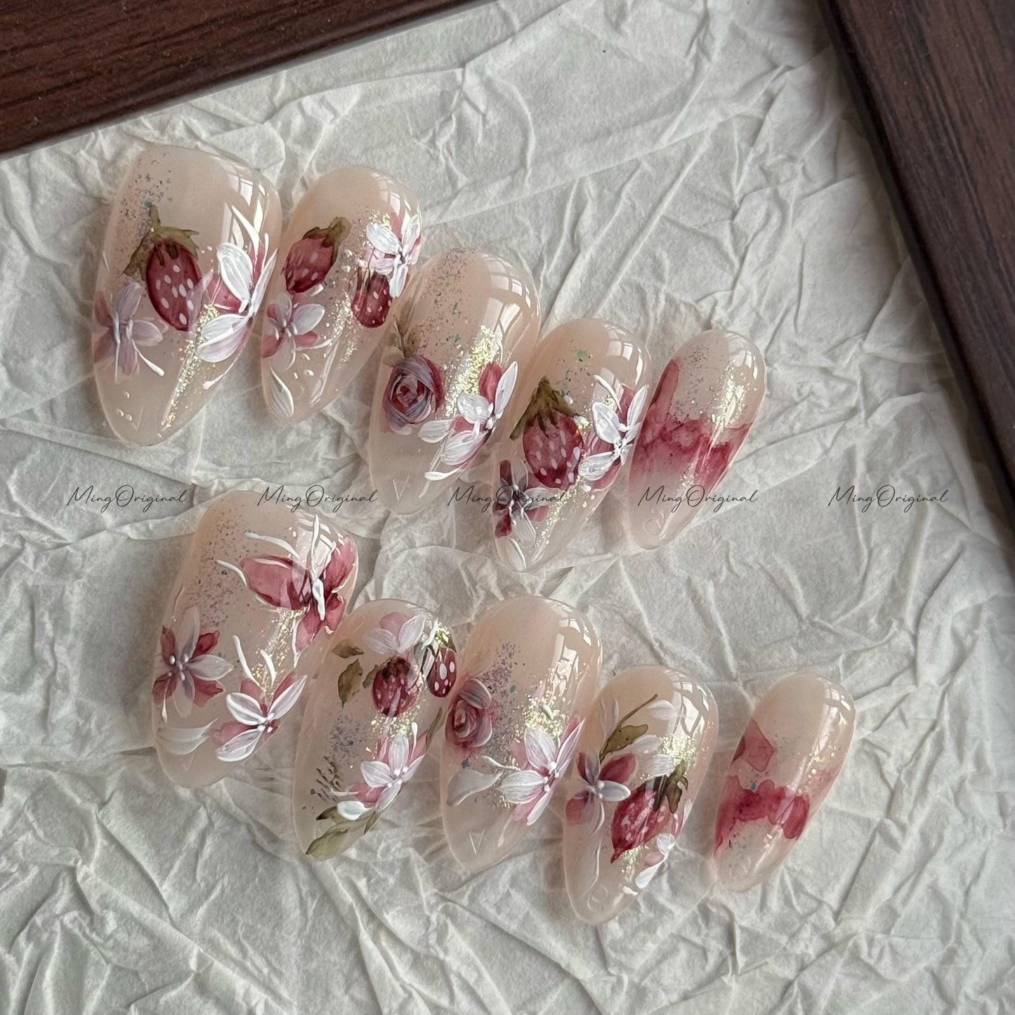 Handmade Strawberry bloom Water color art nail, layered flower and butterfly Press on Nail, hand painted glittery nail, gift for her, MO619