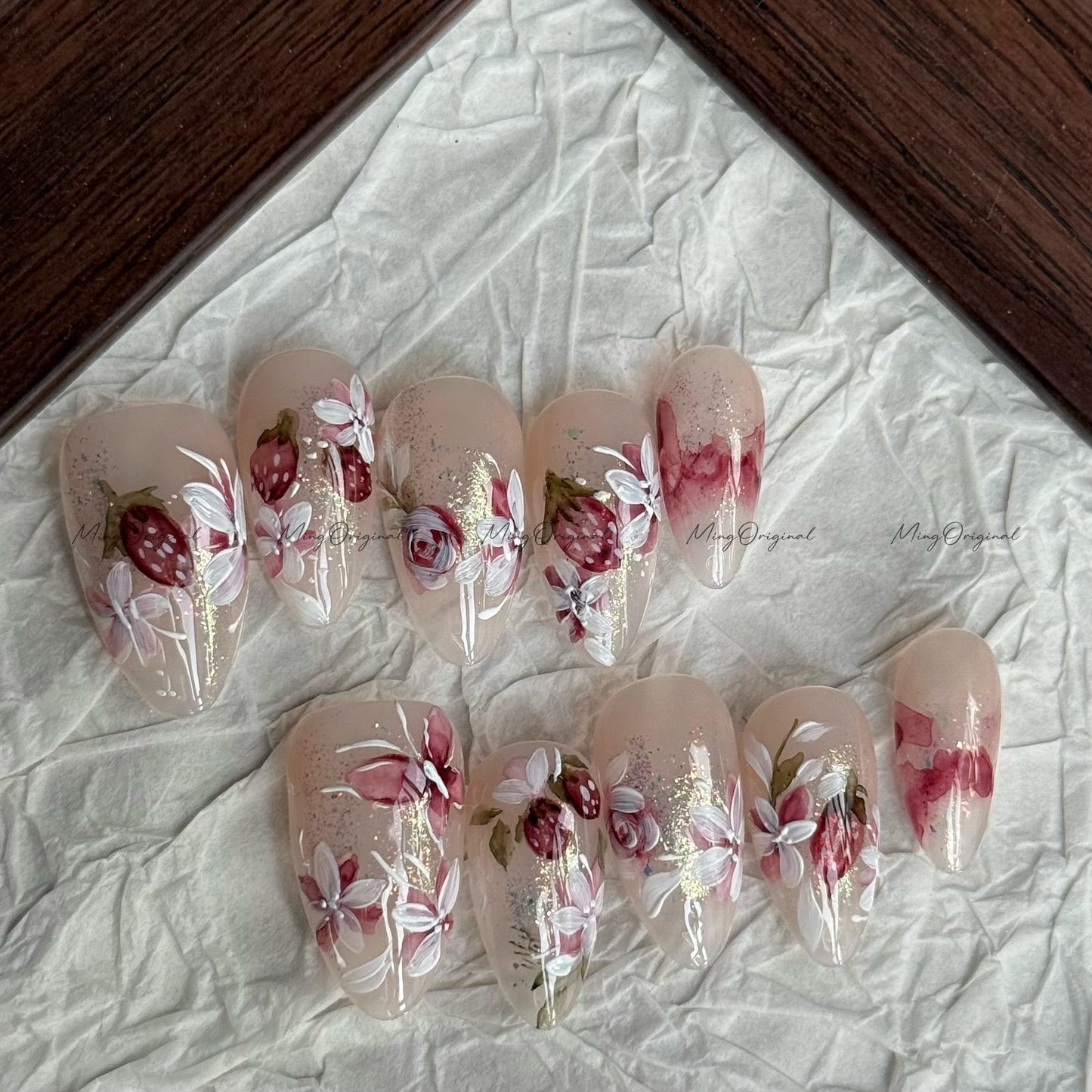Handmade Strawberry bloom Water color art nail, layered flower and butterfly Press on Nail, hand painted glittery nail, gift for her, MO619