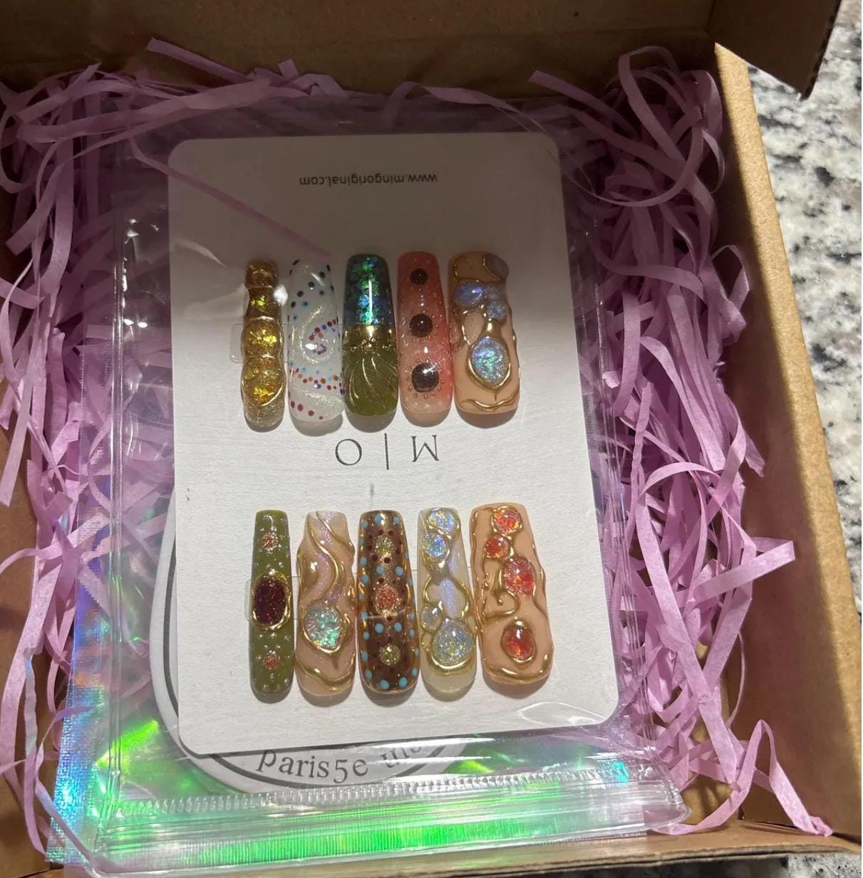 3D Gemstone Press-On Nails, Gold Swirls, Encapsulated Glittery, Bold Handmade Luxury Style, gift for her, MO584