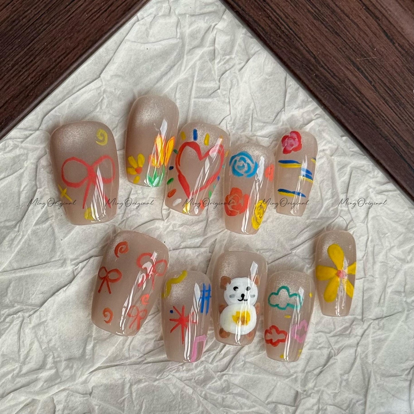 Crayon Whimsy Cute Bear Press on Nail,Heart, Bow, Scribble Art, Hand-drawn Nails, Colorful Doodle, Fun Playful Press Ons, gift for her,MO622
