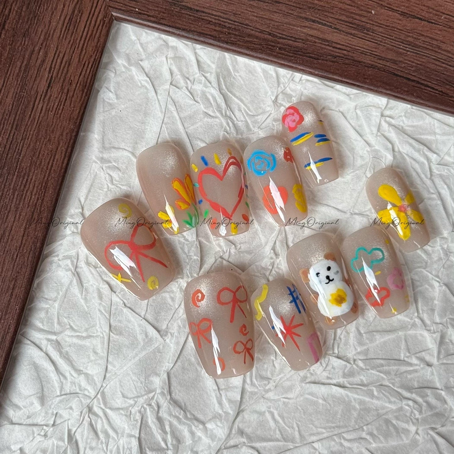 Crayon Whimsy Cute Bear Press on Nail,Heart, Bow, Scribble Art, Hand-drawn Nails, Colorful Doodle, Fun Playful Press Ons, gift for her,MO622