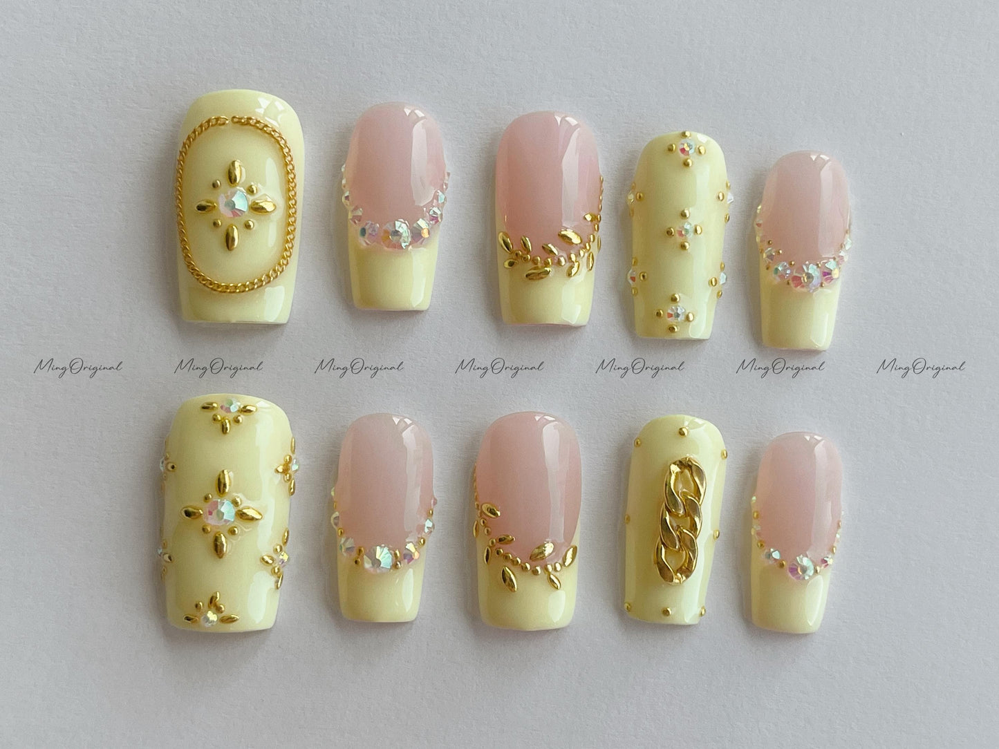 Delicate Royal Style Elegant Press On Nails, Buttercream Yellow, Gold Studs, Gold Chain, Baroque Charm, 3D Accent, gift for mother, Mo623