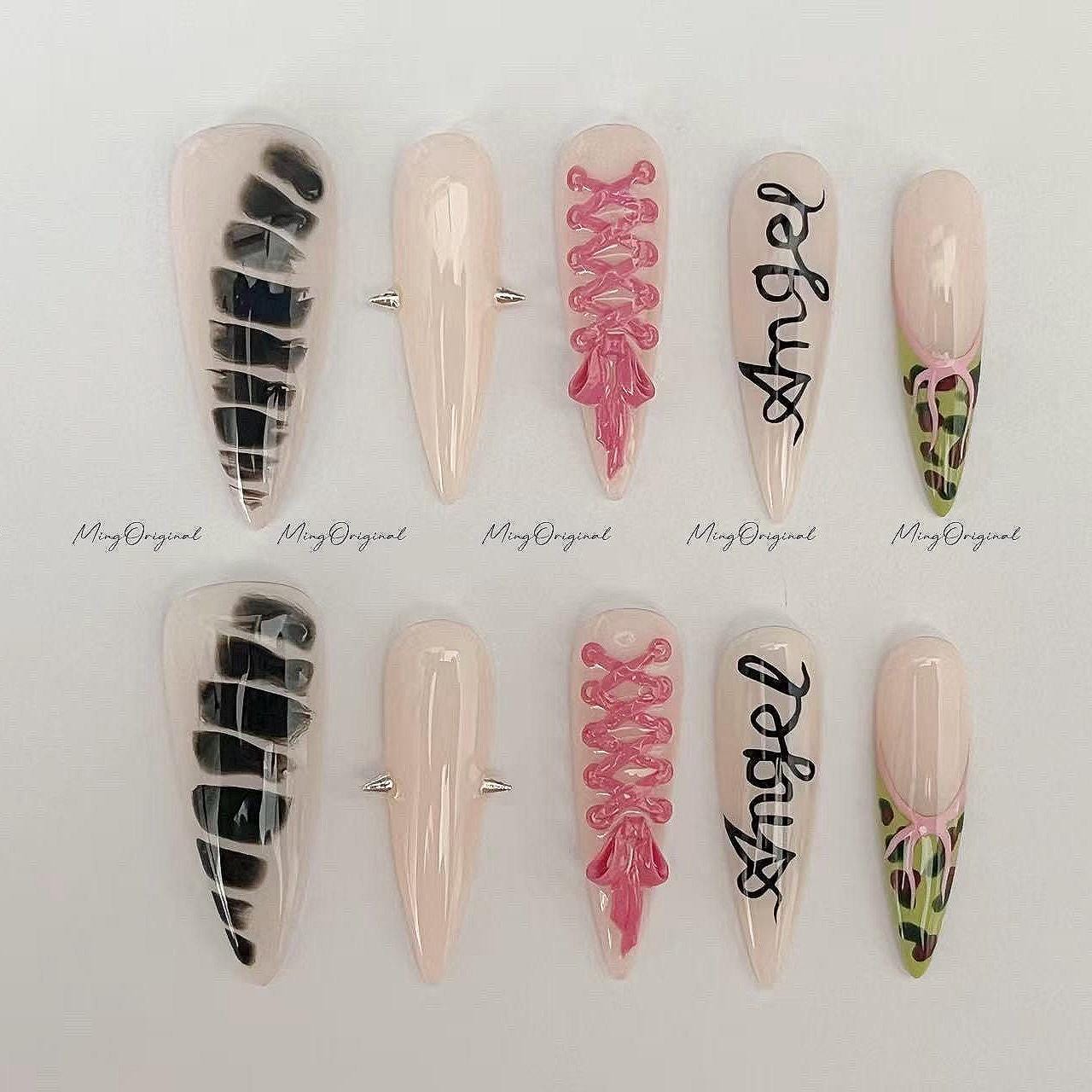 Street Doll Press on Nail, Pink Corset, Camo Tips, French Tip, Y2K Grunge, Angel Hand-lettered Nails, gift for her, MO624