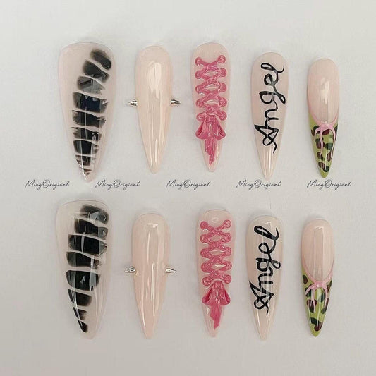 Street Doll Press on Nail, Pink Corset, Camo Tips, French Tip, Y2K Grunge, Angel Hand-lettered Nails, gift for her, MO624