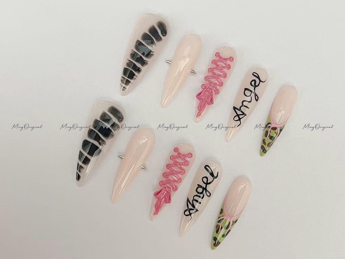 Street Doll Press on Nail, Pink Corset, Camo Tips, French Tip, Y2K Grunge, Angel Hand-lettered Nails, gift for her, MO624