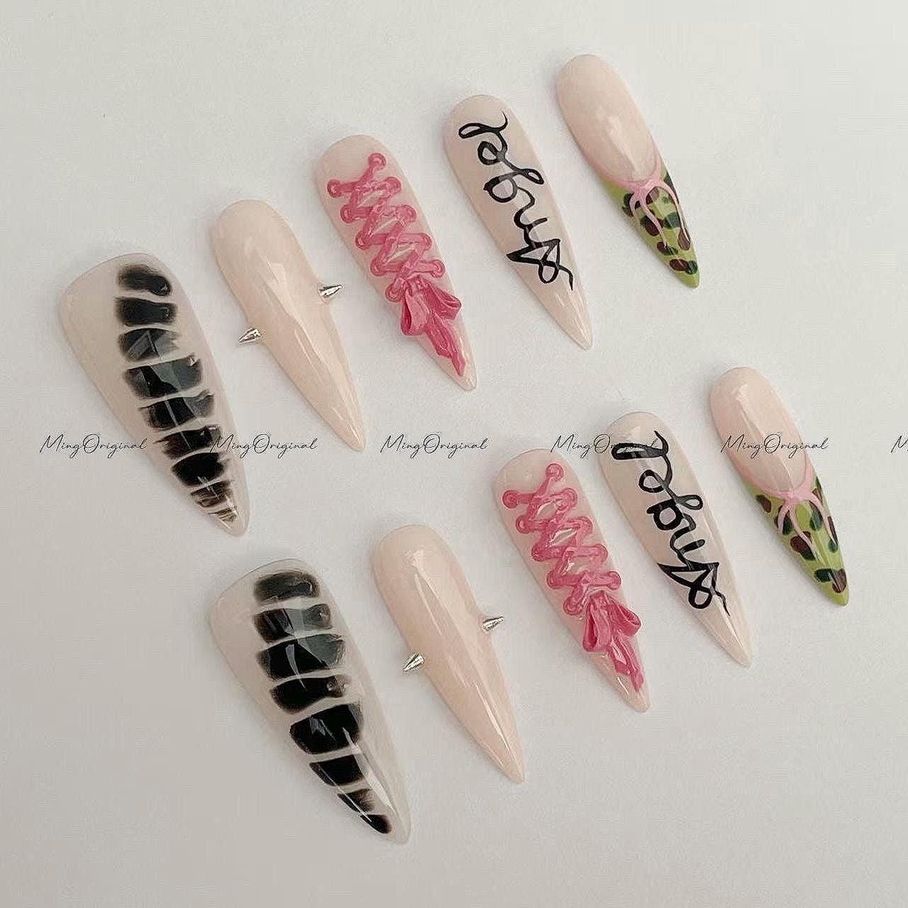 Street Doll Press on Nail, Pink Corset, Camo Tips, French Tip, Y2K Grunge, Angel Hand-lettered Nails, gift for her, MO624