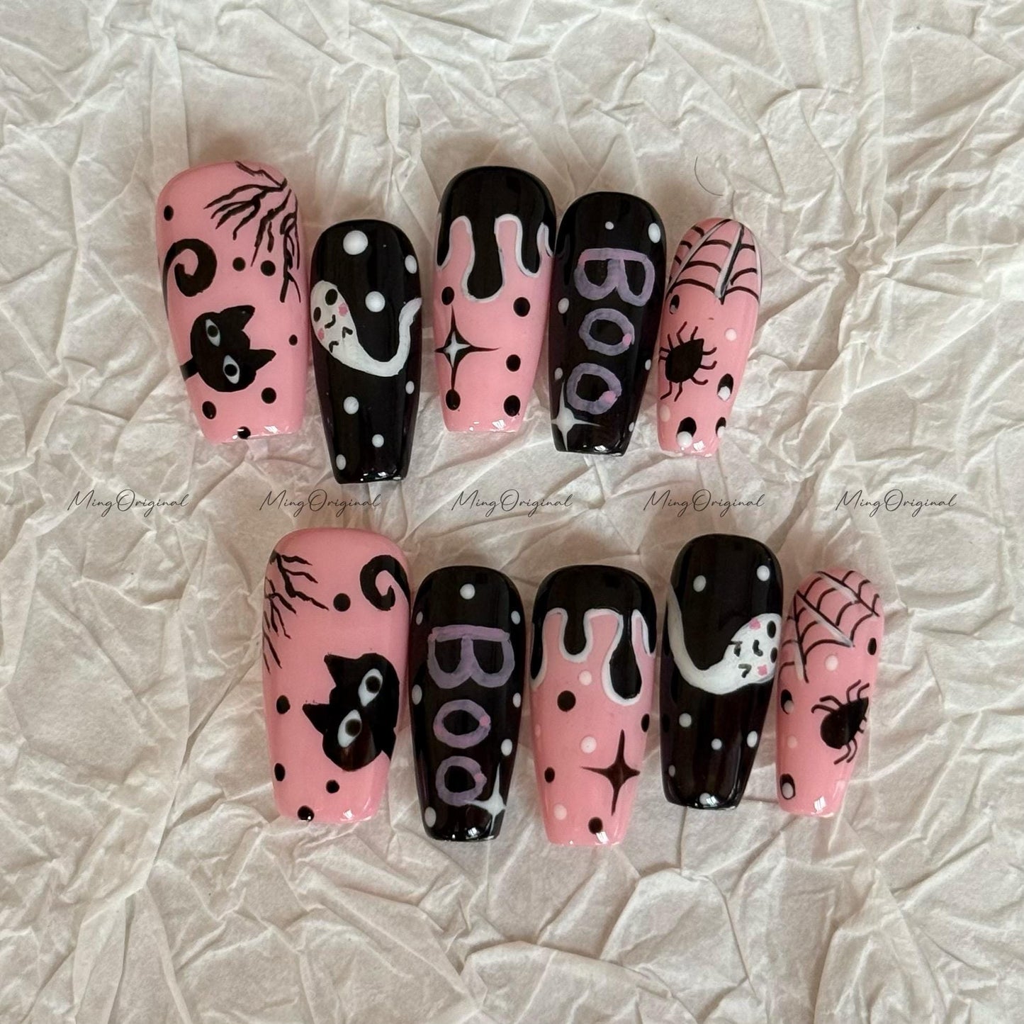 Spooky Cute Pink & Black Halloween Press on Nail, Boo Letter, Black Cat, Ghost Girl, Creepy Spooky Cute Press On,Holiday Gift for Her, MO625