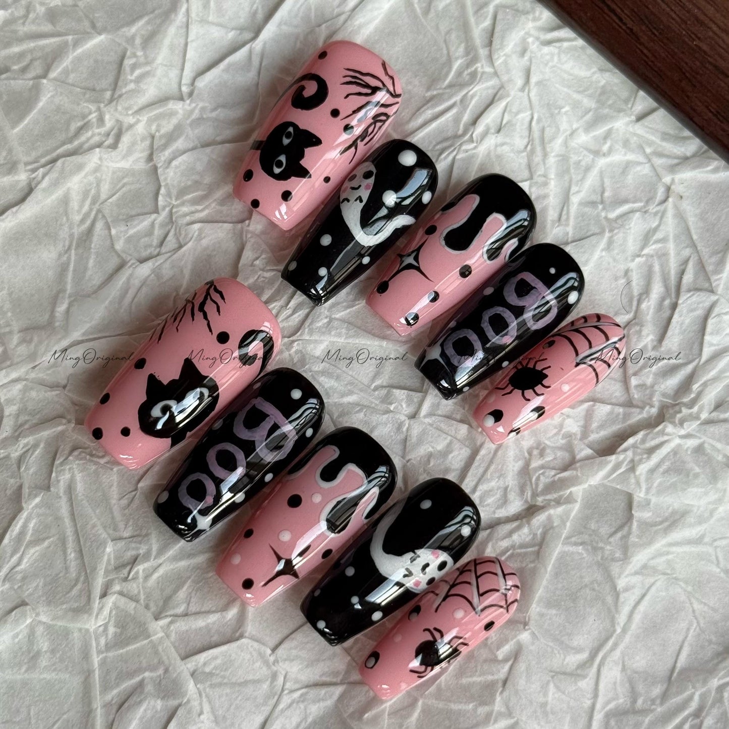 Spooky Cute Pink & Black Halloween Press on Nail, Boo Letter, Black Cat, Ghost Girl, Creepy Spooky Cute Press On,Holiday Gift for Her, MO625