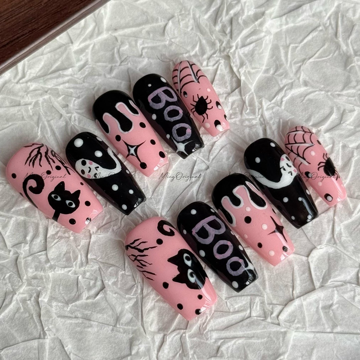 Spooky Cute Pink & Black Halloween Press on Nail, Boo Letter, Black Cat, Ghost Girl, Creepy Spooky Cute Press On,Holiday Gift for Her, MO625