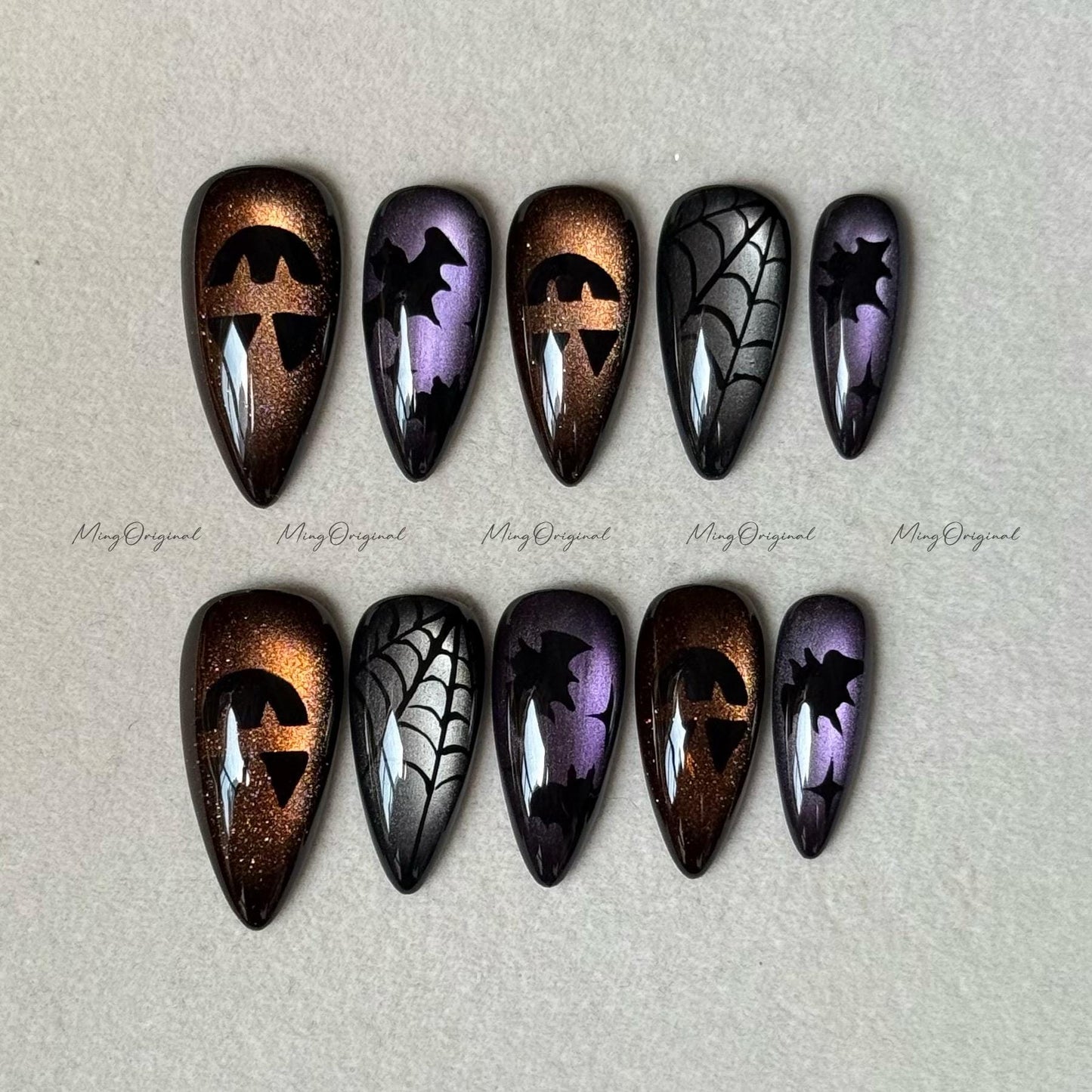 Halloween vibe press on nails, joker bat spider theme black cat eye base, pumpkin color spooky season sparkling Gothic nail art, MO626
