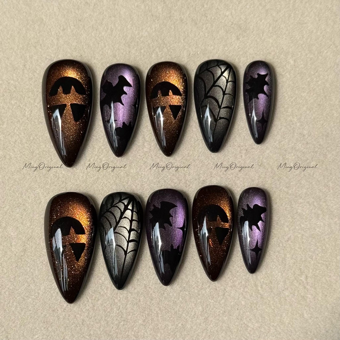 Halloween vibe press on nails, joker bat spider theme black cat eye base, pumpkin color spooky season sparkling Gothic nail art, MO626