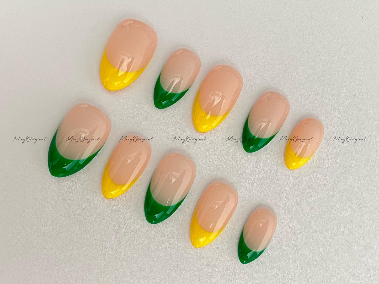 French tip Press on Nail, hand painted green and yellow color simple everyday nail, summer nail, gift for her, MO648