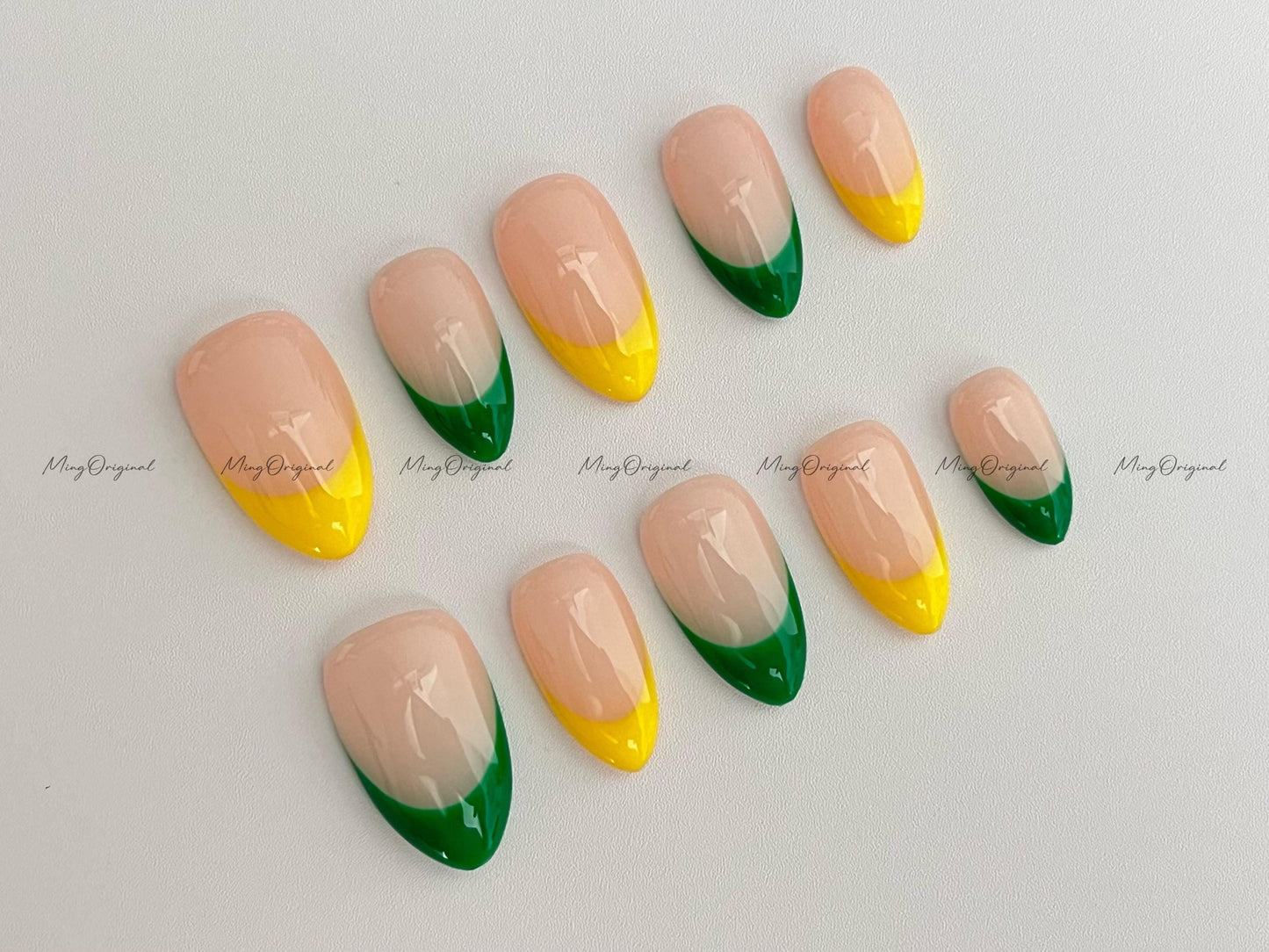 French tip Press on Nail, hand painted green and yellow color simple everyday nail, summer nail, gift for her, MO648