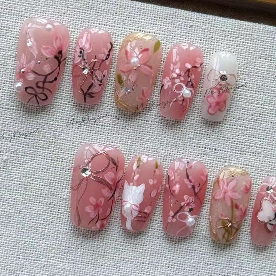 Sakura flower press on nail, cute bunny nail, hand painted pink floral nail, Fake nails, Nail Artist Faux Nails, gift for friend, MO649
