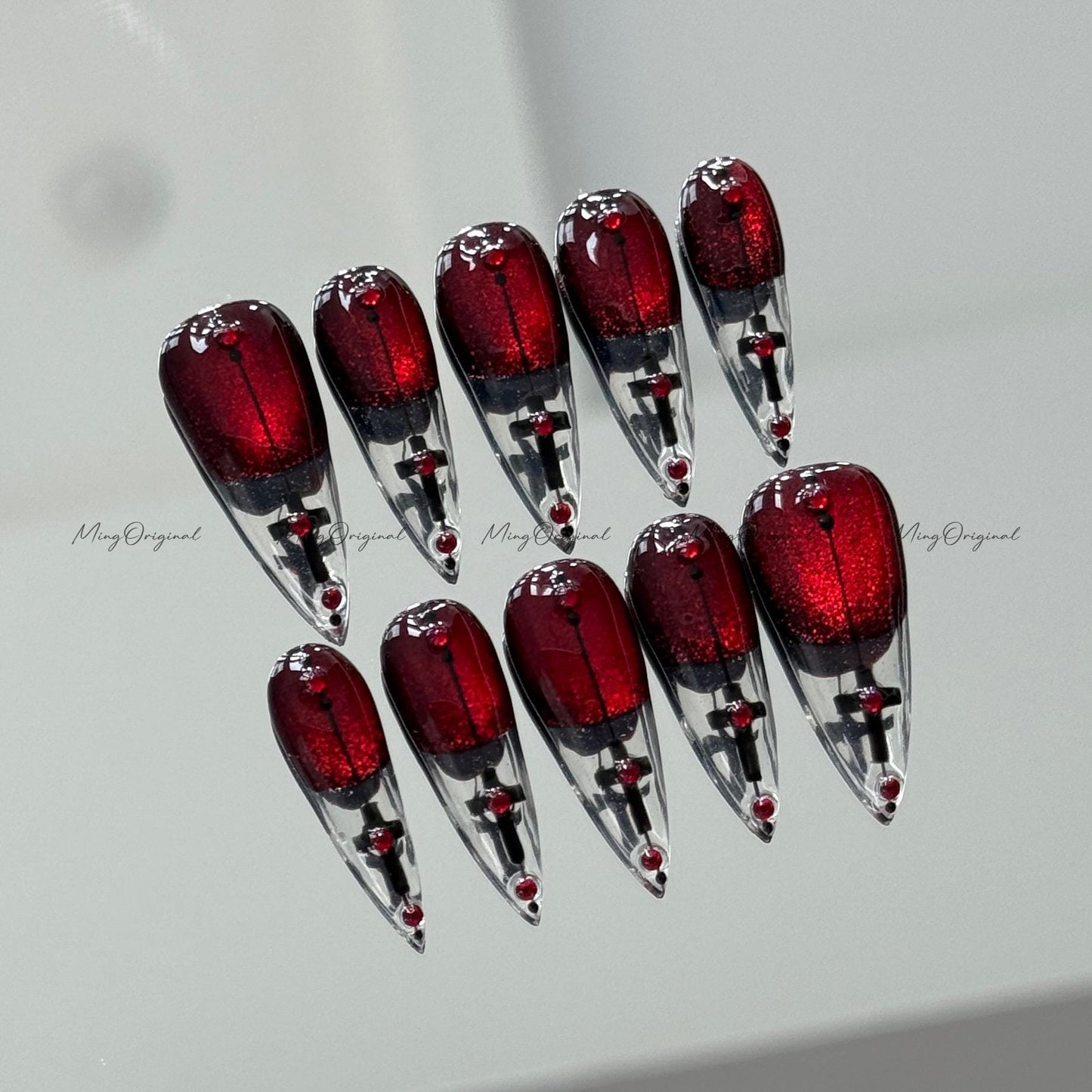 Vampire Velvet Press on Nail, red cat eye glittery nail, abstract line and cross, clear tip nail, gift for Christmas and Halloween, MO650