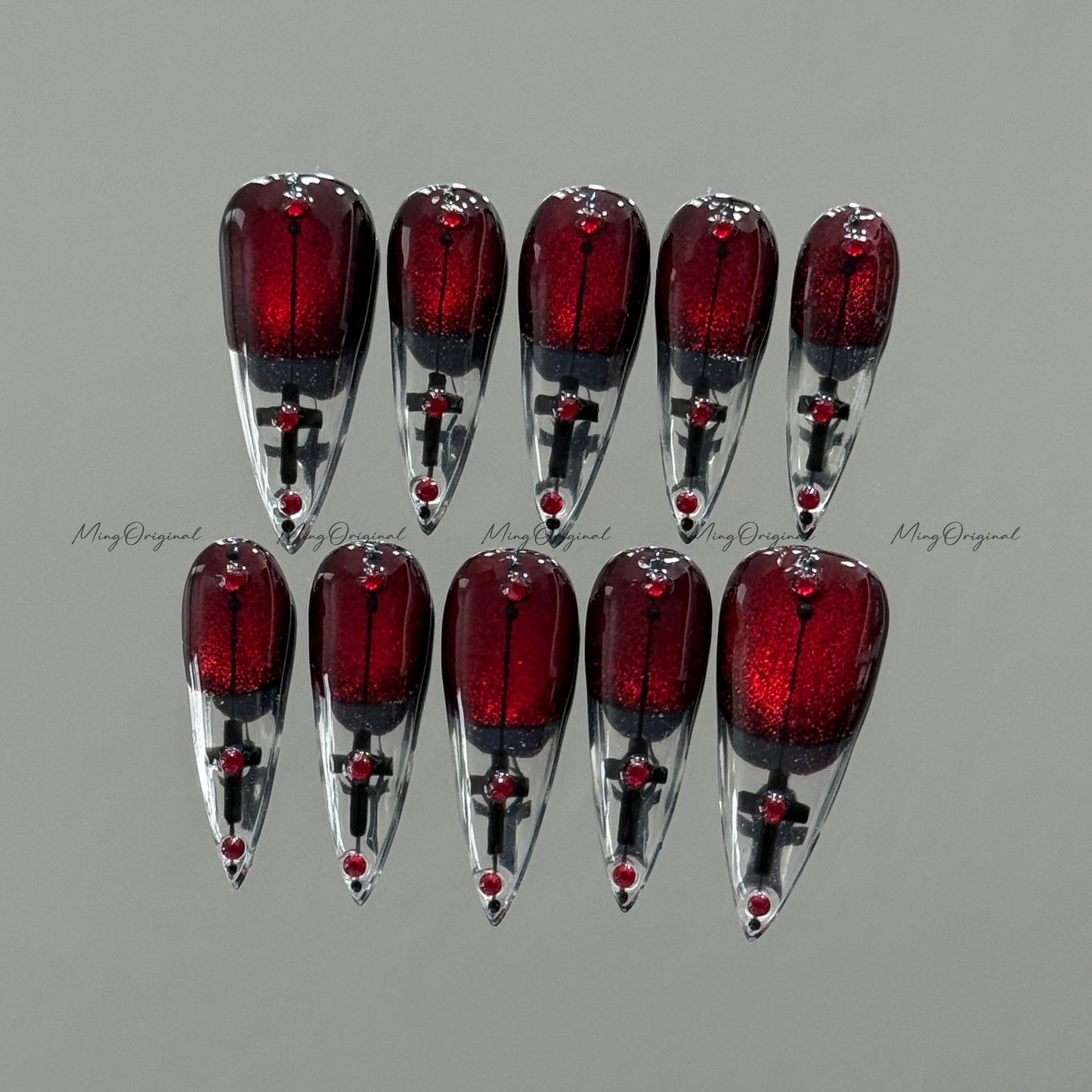 Vampire Velvet Press on Nail, red cat eye glittery nail, abstract line and cross, clear tip nail, gift for Christmas and Halloween, MO650