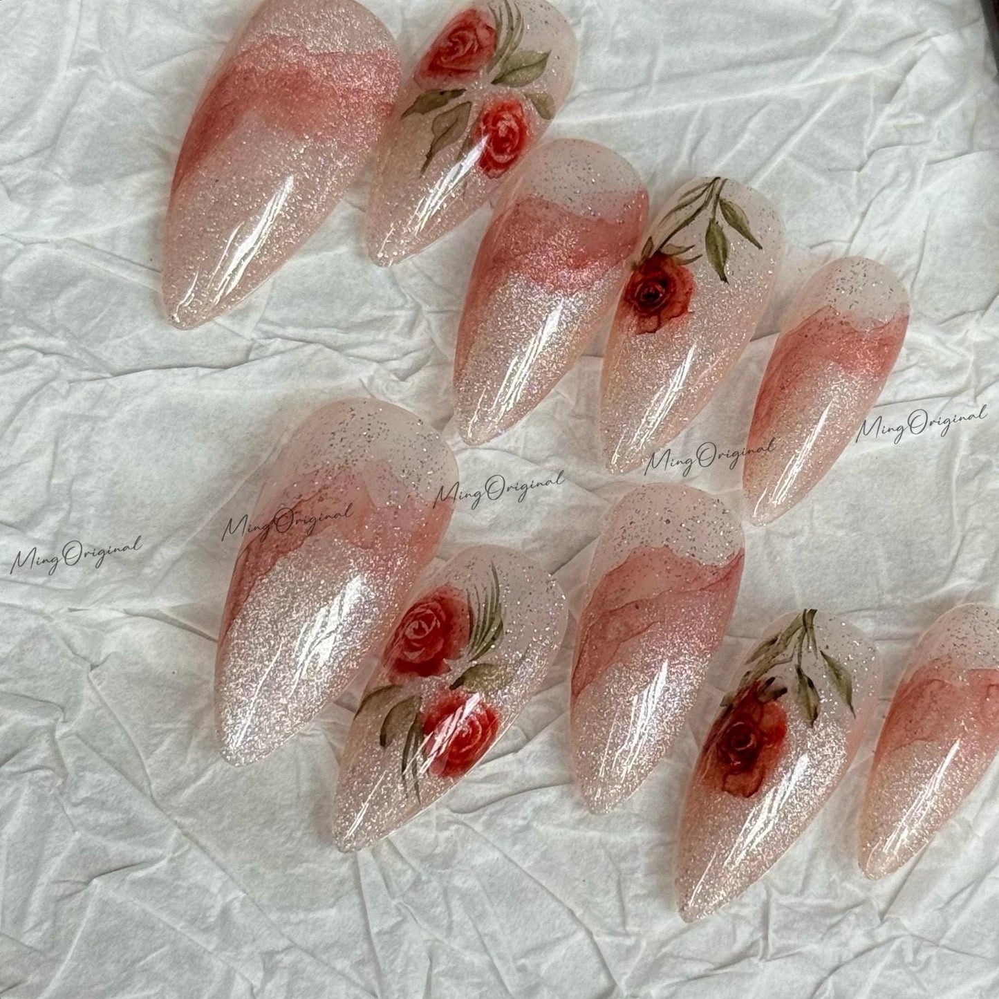 Water color Red Rose Flower art nail, glittery nude cat eye Press on Nail,Handmade gel Nails, hand painted wedding bridal floral nail, MO630