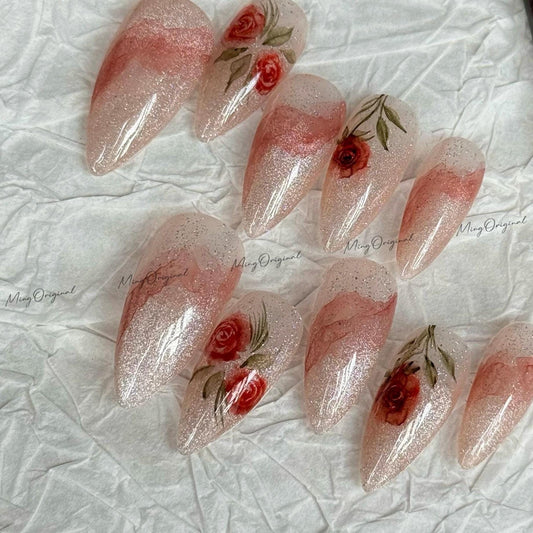 Water color Red Rose Flower art nail, glittery nude cat eye Press on Nail,Handmade gel Nails, hand painted wedding bridal floral nail, MO630