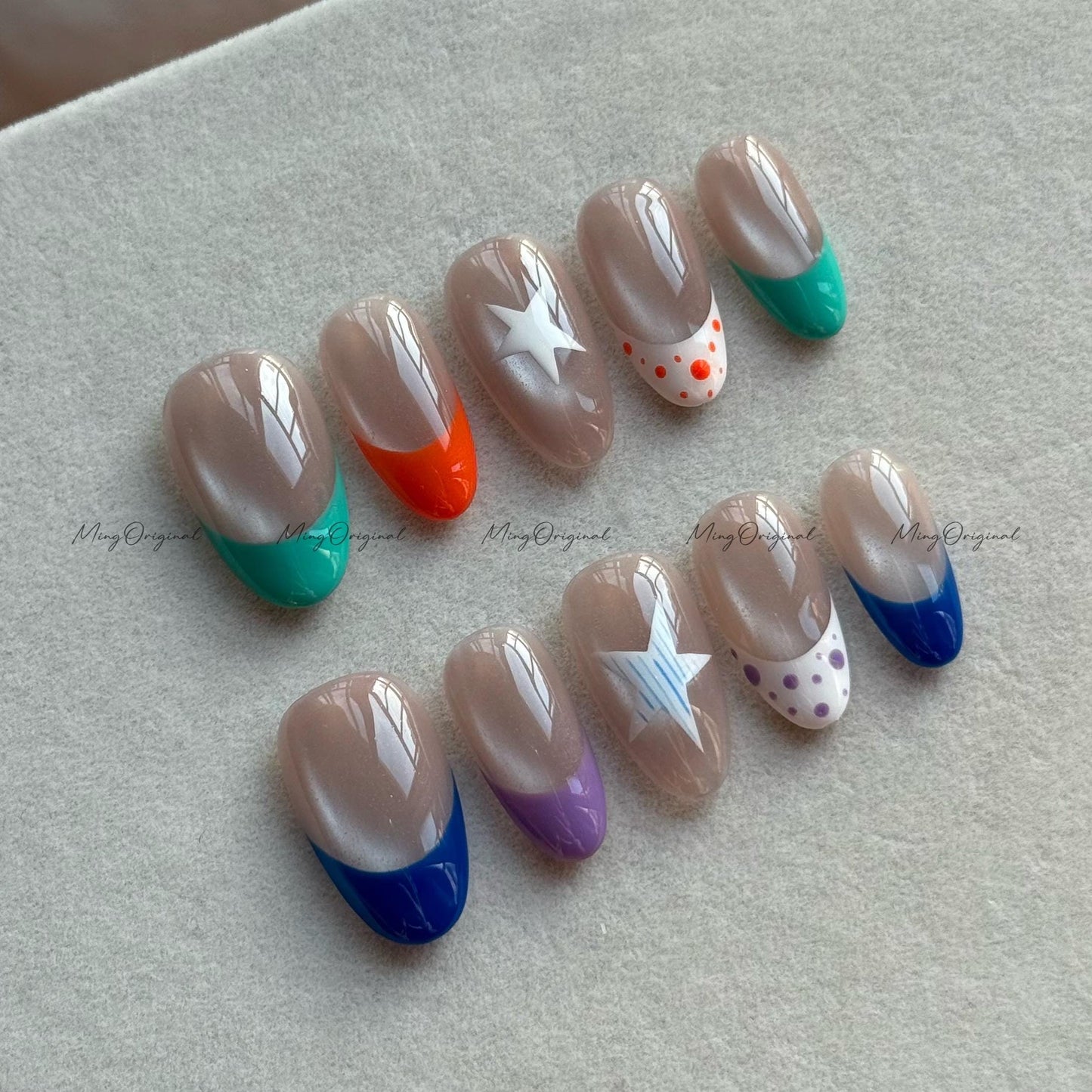 Colorful French Press on Nail, Nude Cat Eye Base, Light Chasing Cat Eye Effect, Star Pattern Polka Dot velvet fake nail, gift for her, MO651