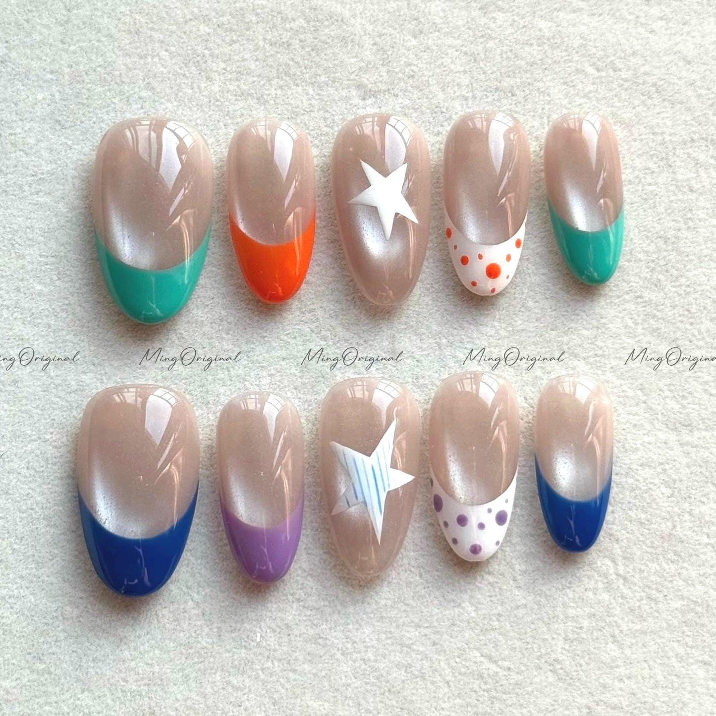 Colorful French Press on Nail, Nude Cat Eye Base, Light Chasing Cat Eye Effect, Star Pattern Polka Dot velvet fake nail, gift for her, MO651