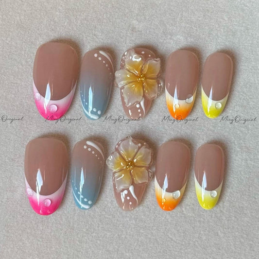 Aloha Blossom Rainbow Color Gradient French, 3D Yellow Flower, Vacation-Inspired Nails, yellow blue pink orange, gift for her, MO631