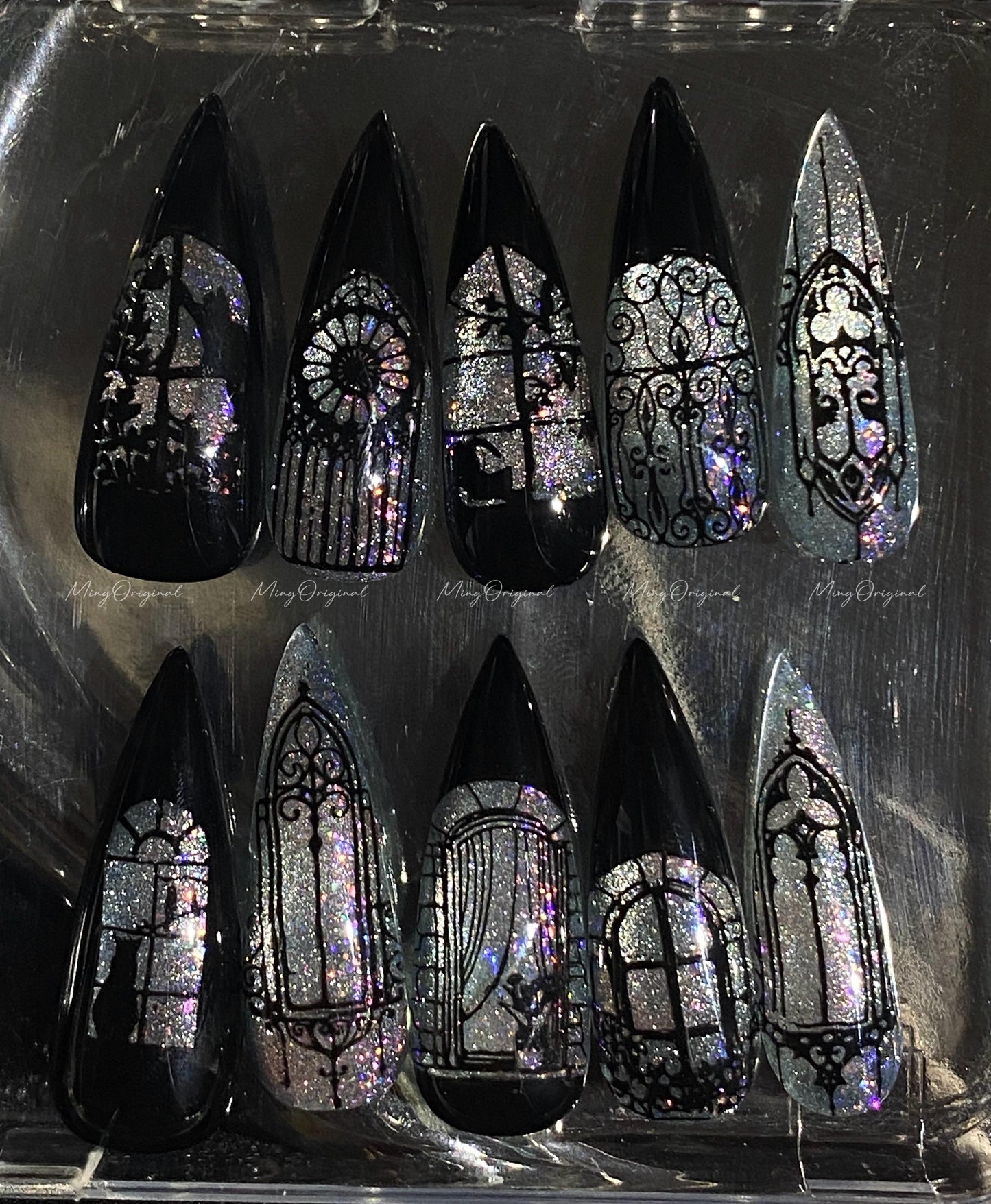 Black Stained Glass Window Glittery press on nails, Sparkling Cat Eye, Retro Shadow hand painted nail, gift for her, MO632