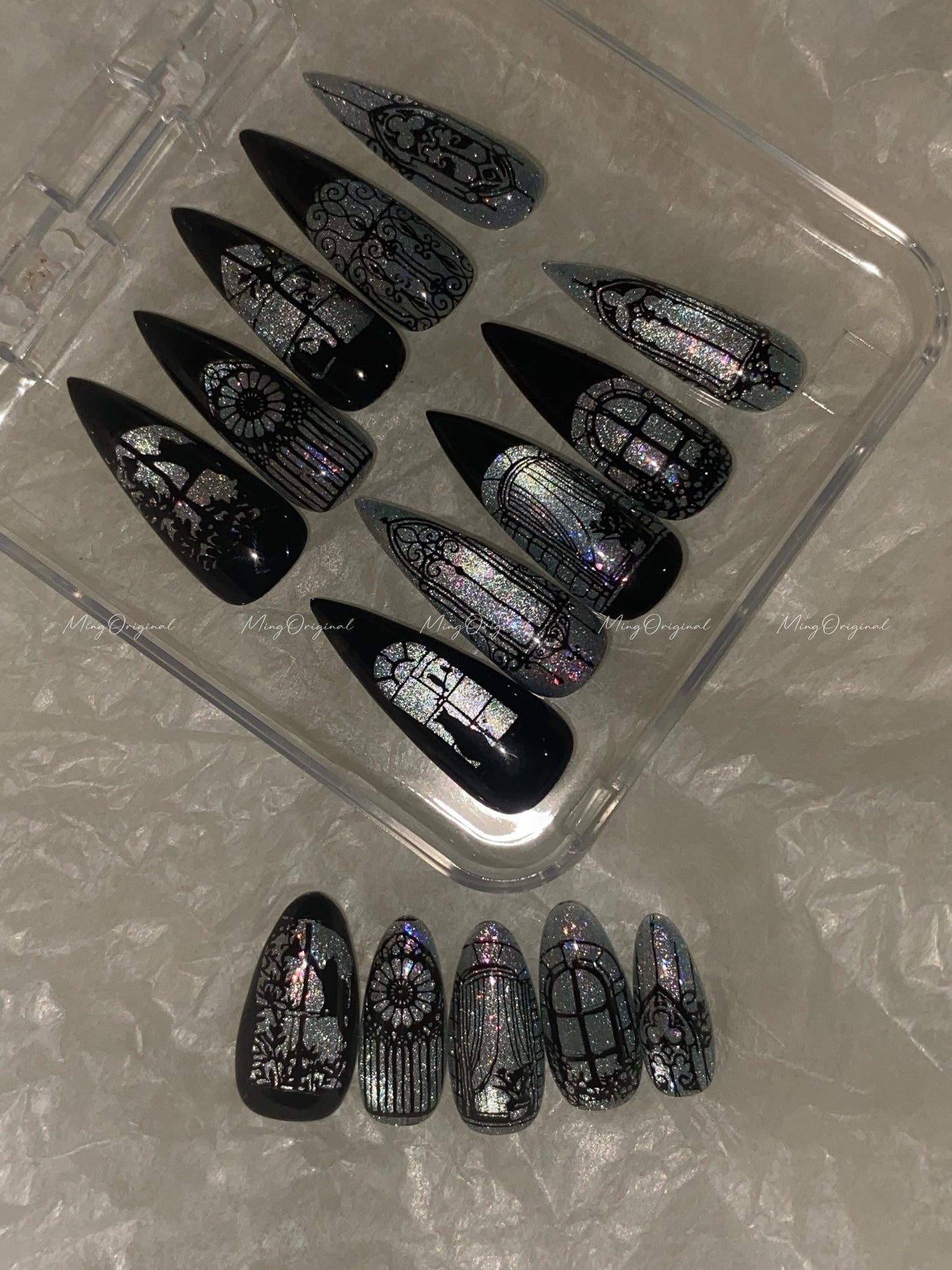 Black Stained Glass Window Glittery press on nails, Sparkling Cat Eye, Retro Shadow hand painted nail, gift for her, MO632